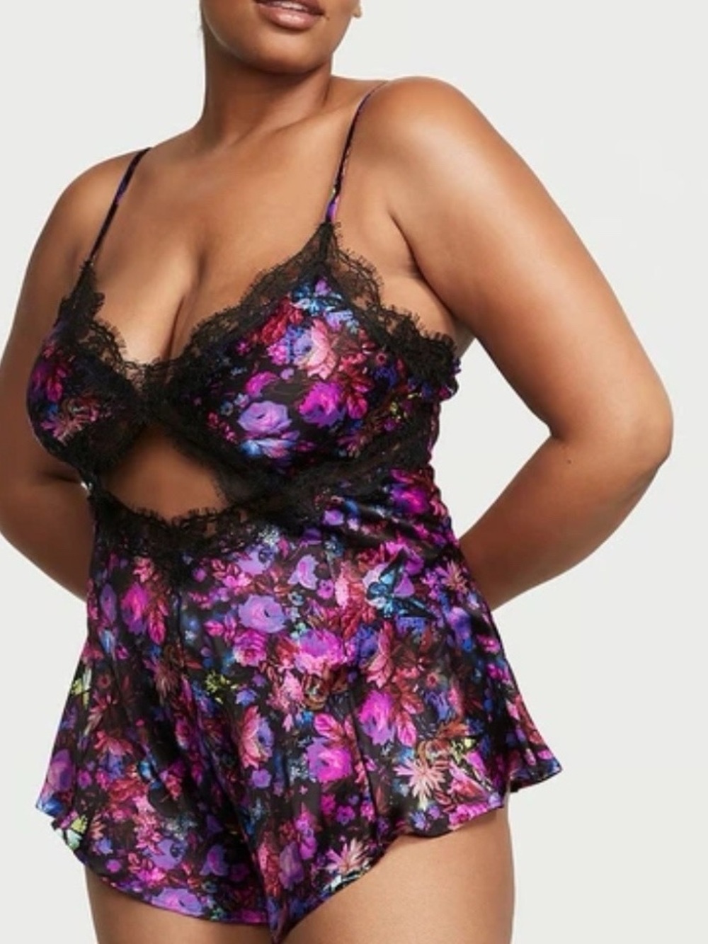 VICTORIA'S SECRET Multicolor Floral Stretch Satin Lace Cutout Romper S $70 NWOT